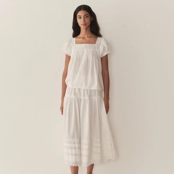 NWT Doen Francia Cotton Poplin Eyelet Pintuck Puff Sleeve Blouse Top Salt White - Picture 4 of 13